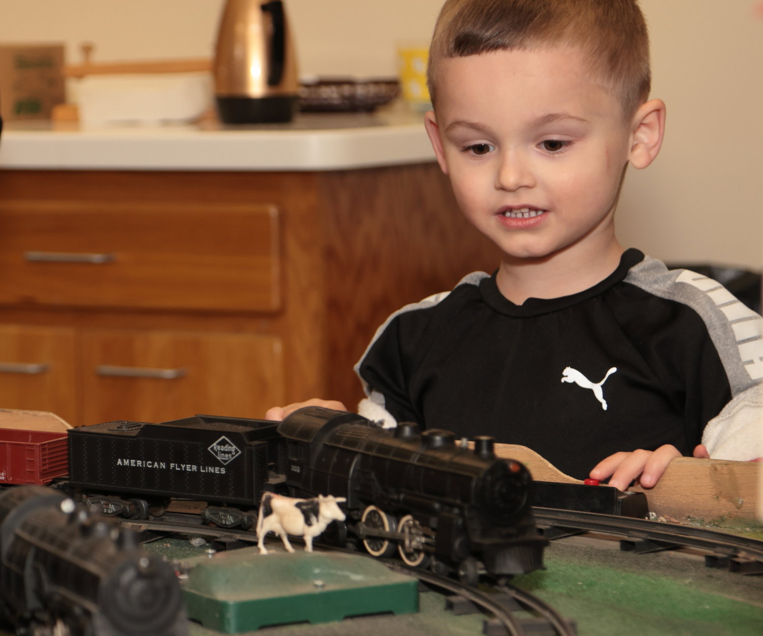 John Sladicka of Hawley brought his grandson, Noah Braxton, to the Model Train Show and Sale. Noah is moving the cow successfully out of the way of the way of the oncoming locomotive.
